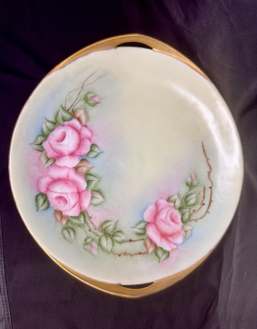 Antique Pirkenhammer Czech Porcelain Double Handle Bowl Pink Roses Gold Gilt 10”